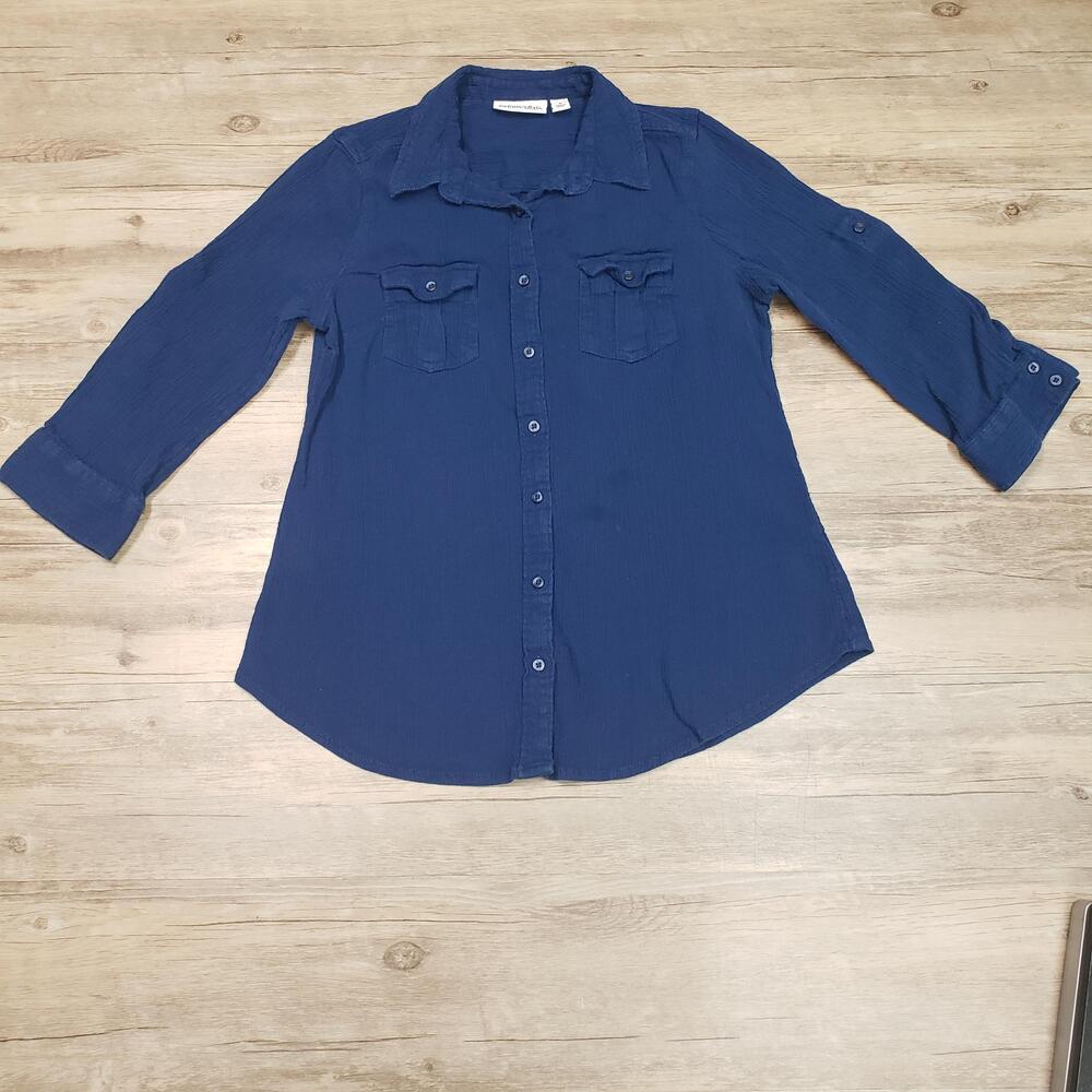 St Johns Bay Shirt Womens Small Blue Button Front Roll Tab Sleeve Cotton